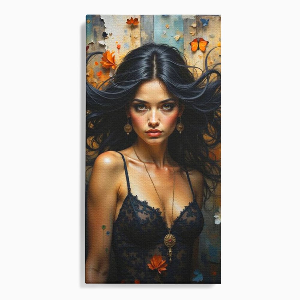 Tablou canvas cu tablou canvas cu portret de femeie par negru fluturi si frunze, fara rama, pe sasiu de lemn